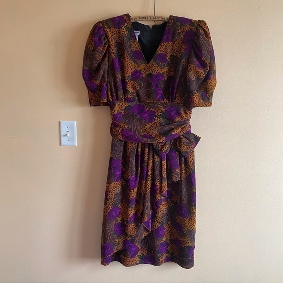 Vintage 80s Nu Mode V Neck Faux Wrap Back Zip Animal Print Shoulder Pads Size L - Picture 3 of 13